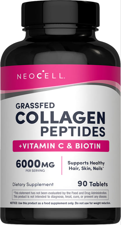 Grassfed Collagen Peptides + C & Biotin, 6000 mg, 90 Tablets